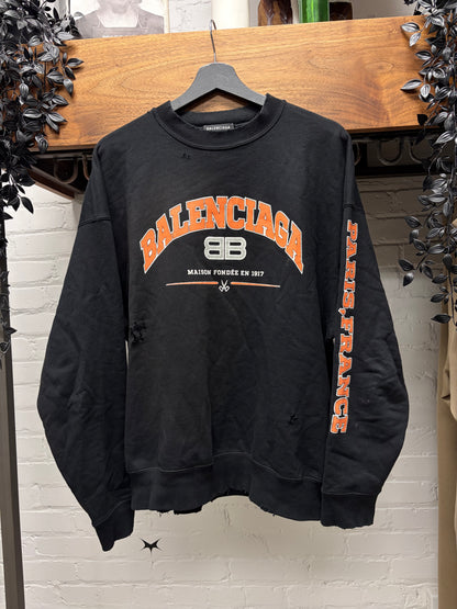 2021 Balenciaga Distressed Cotton ‘Paris’ Black/Orange Logo Sweatshirt
