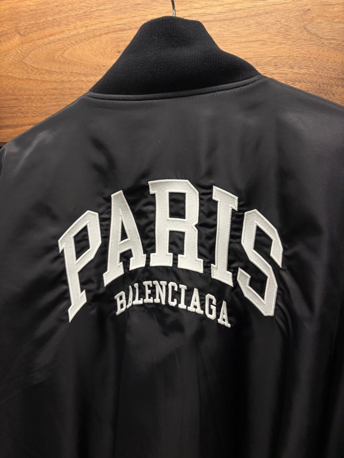 2025 Balenciaga ‘Paris’ Black Drop Shoulder Varsity Bomber Jacket