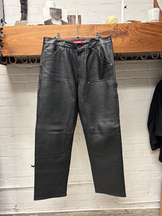 AW2023 Supreme Black Leather Double Knee Carpenter Pants