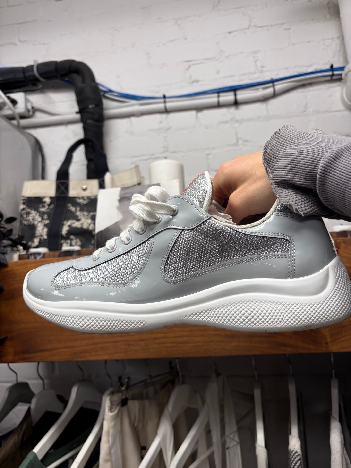 Prada ‘America’s Cup’ Grey/White Patent Leather Low Top Sneakers