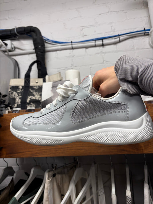 Prada ‘America’s Cup’ Grey/White Patent Leather Low Top Sneakers