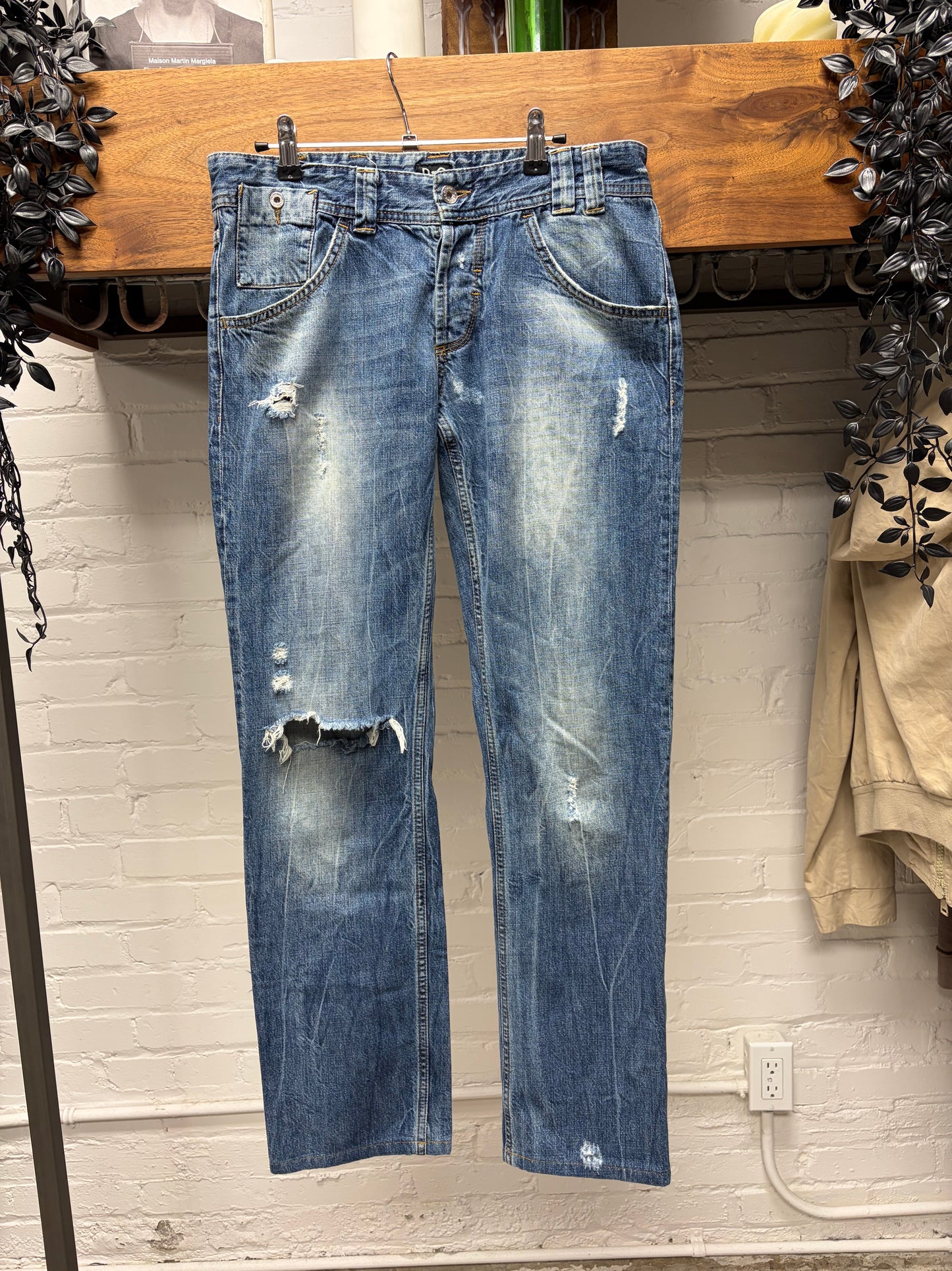 2000s Dolce and Gabbana Distressed Washed Blue Bootcut Denim