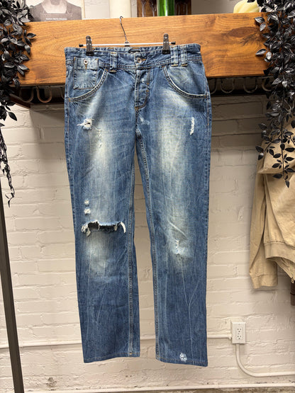 2000s Dolce and Gabbana Distressed Washed Blue Bootcut Denim
