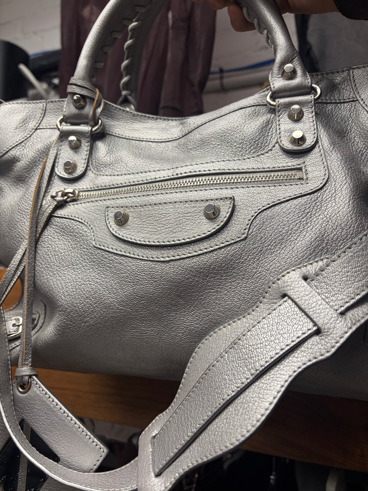 Balenciaga Metallic Silver ‘City Bag’ Classic Size with Silver Hardware