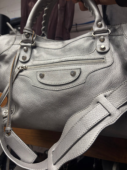 Balenciaga Metallic Silver ‘City Bag’ Classic Size with Silver Hardware