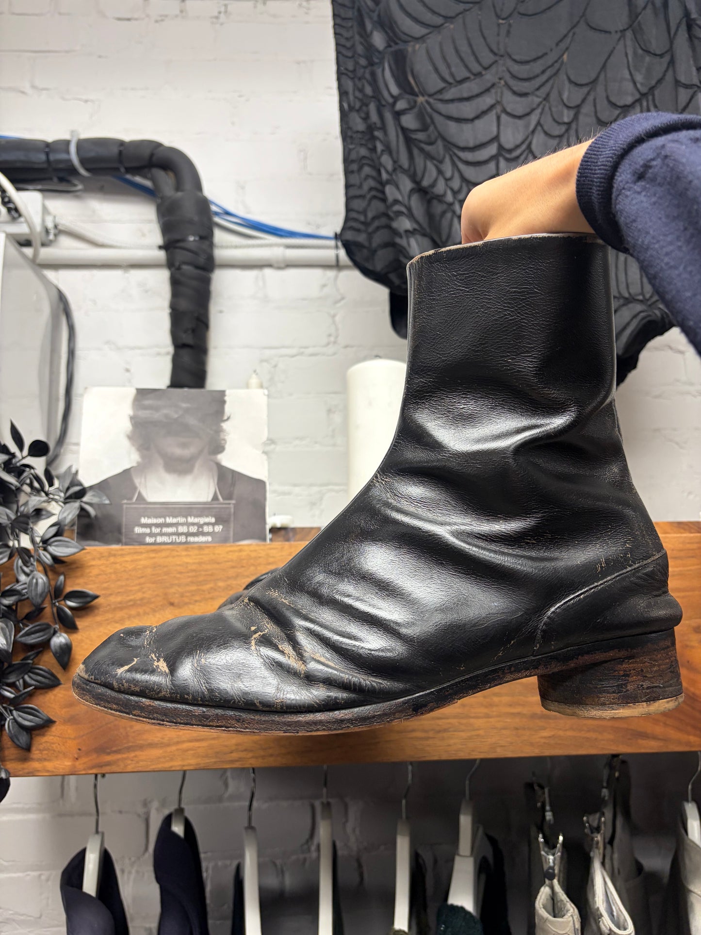 Maison Margiela ‘Tabi’ Aftermarket Painted Black Leather Split Toe Boots