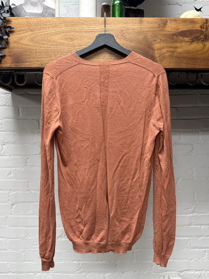 SS2019 Rick Owens ‘Babel’ Virgin Wool ‘Cyclamen’ Orange V-Neck Knit Sweater