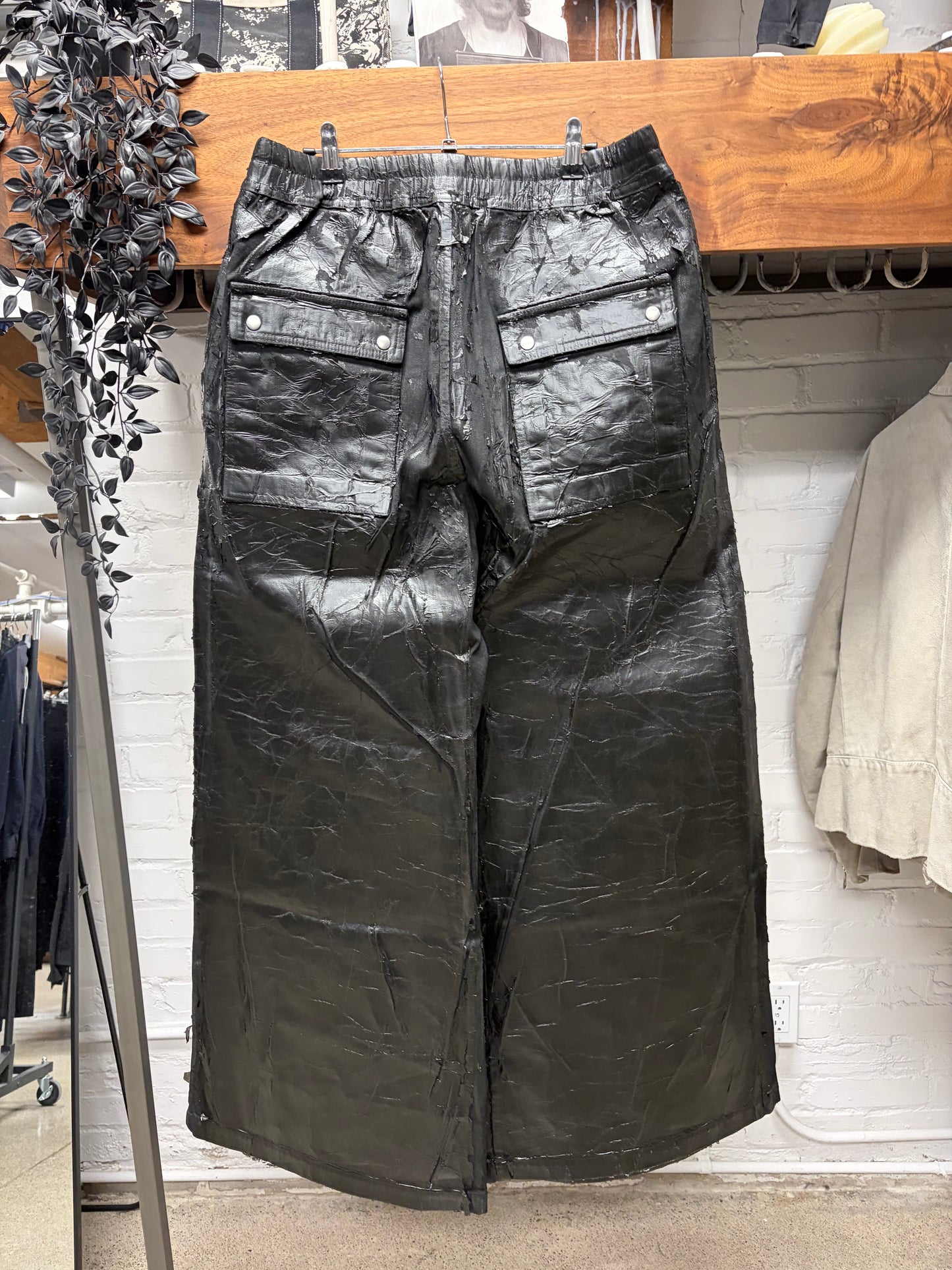 AW2024 Rick Owens ‘Porterville’ Waxed Black ‘Geth Bela’ Wide Leg Pants