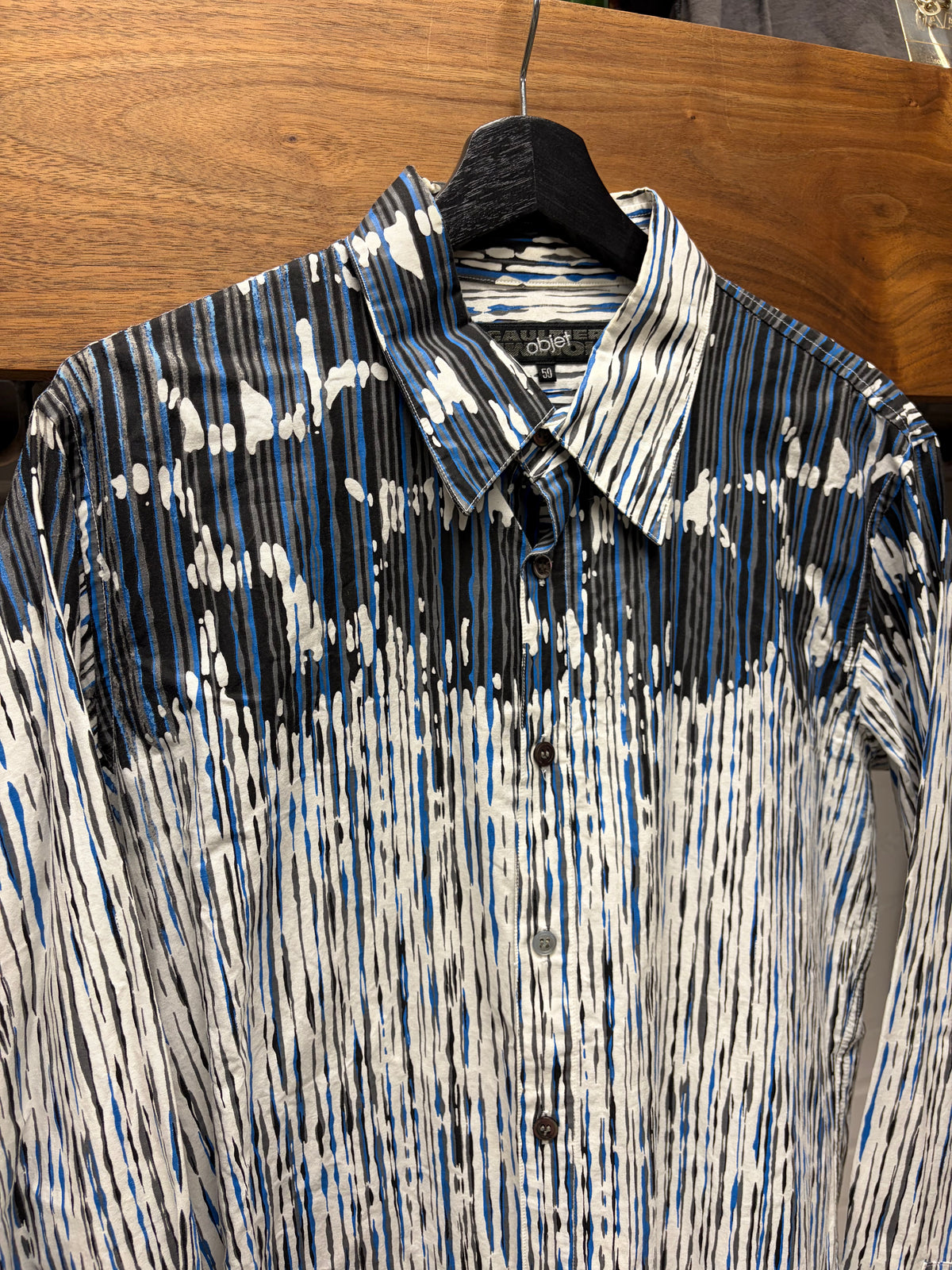 Vintage Jean Paul Gaultier Homme ‘Objet’ Paint Splatter Blue/White Button Up Shirt