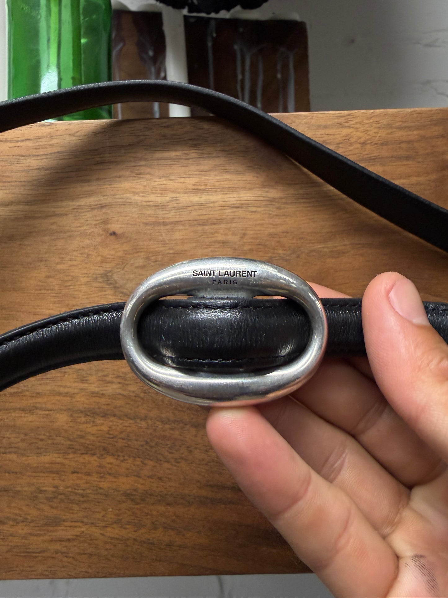 Saint Laurent Glossed Black Leather Silver ‘Oval Buckle’ Thin Belt