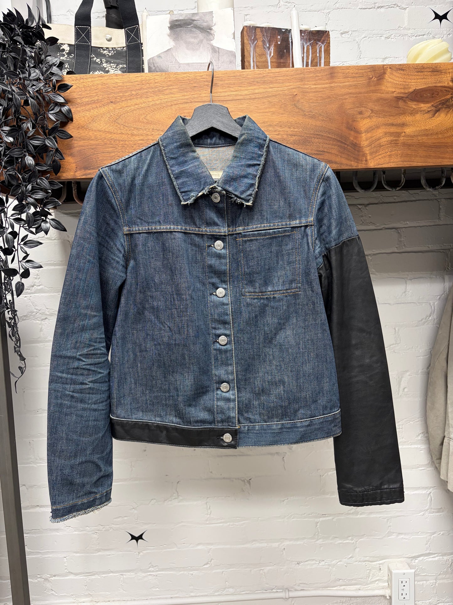 AW2003 Helmut Lang Leather Hybrid Sleeve Reconstructed Denim Trucker Jacket