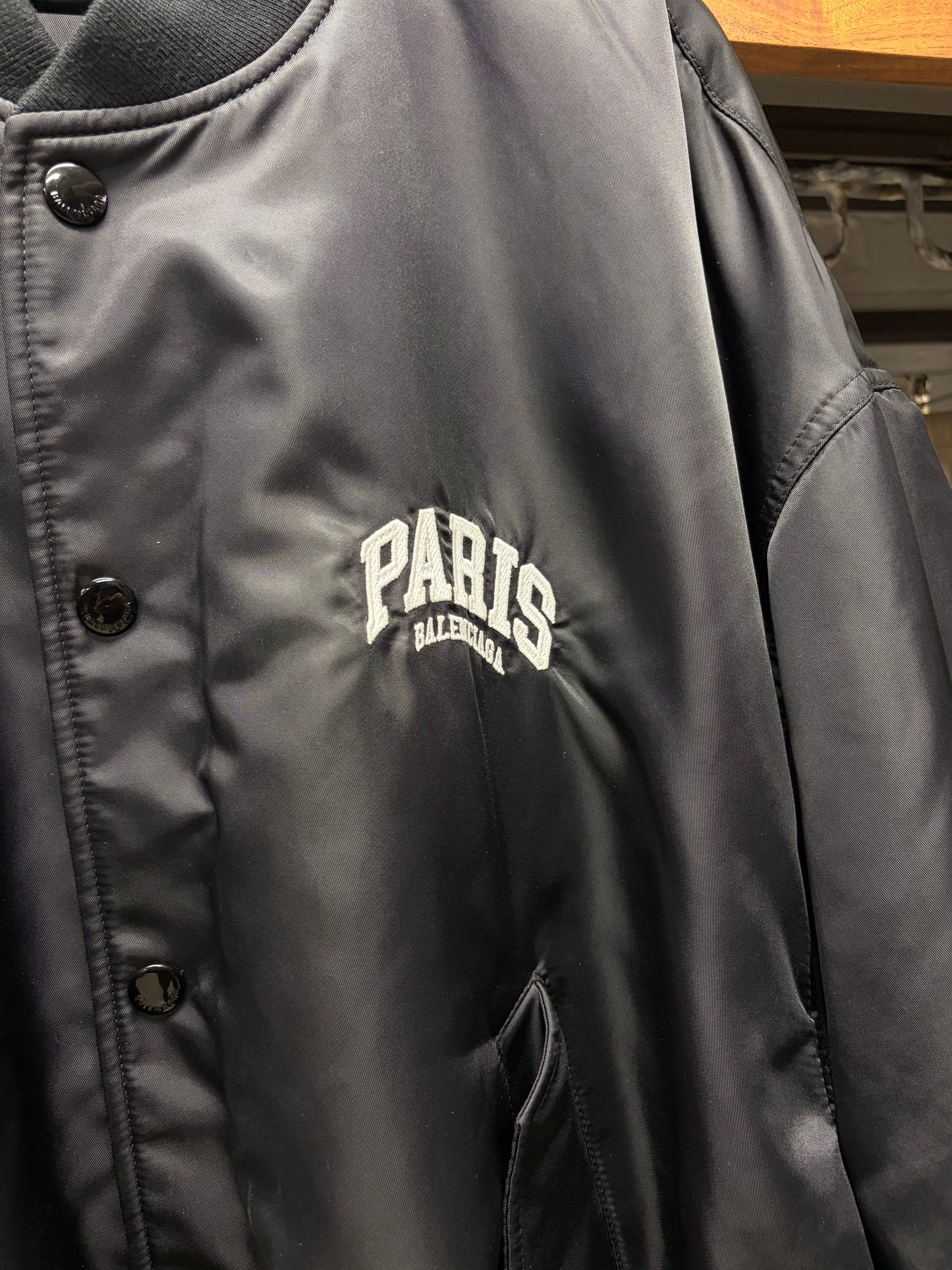2025 Balenciaga ‘Paris’ Black Drop Shoulder Varsity Bomber Jacket