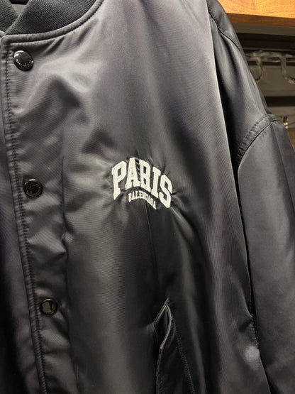2025 Balenciaga ‘Paris’ Black Drop Shoulder Varsity Bomber Jacket