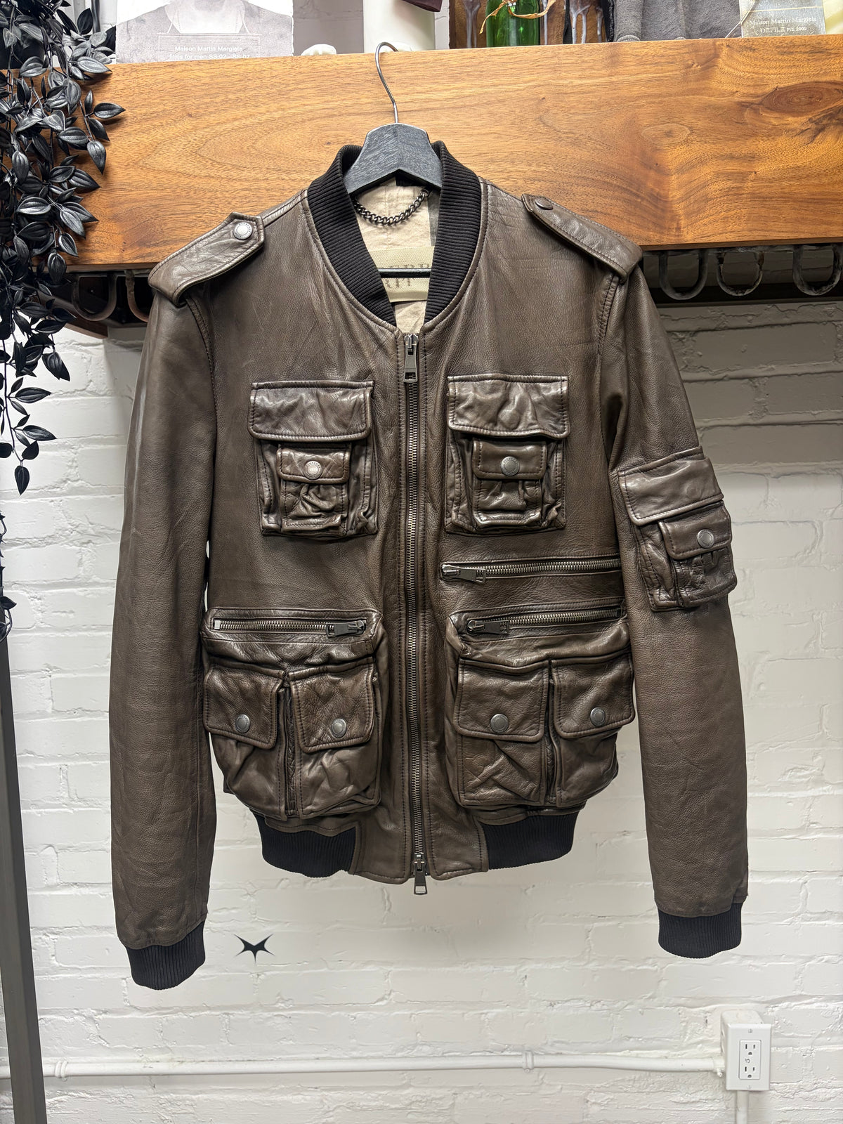 Burberry ‘Brit’ Brown Lambskin Leather Cargo Bomber Jacket with Nova Check Monogram Interior Liner