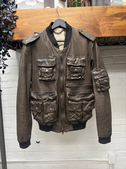 Burberry ‘Brit’ Brown Lambskin Leather Cargo Bomber Jacket with Nova Check Monogram Interior Liner