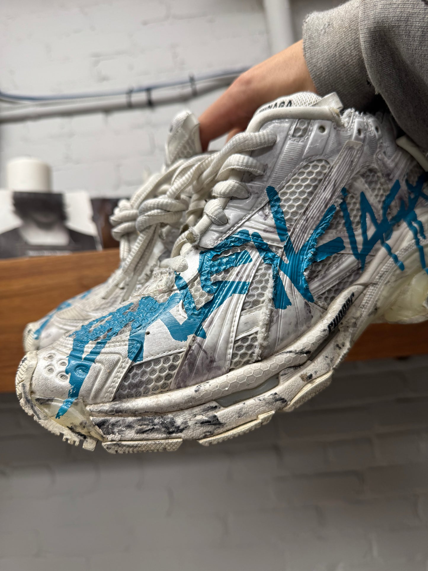 Balenciaga Graffiti ‘Runner’ White/Blue Low Top Sneakers