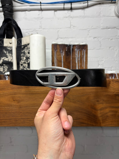 Diesel ‘D Logo’ Buckle Black/Silver Leather Belt