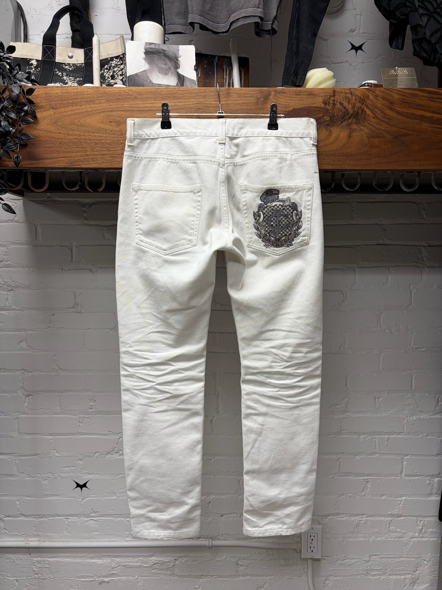 Roberto Cavalli Embroidered Silver ‘Crest Logo’ White Skinny Jeans