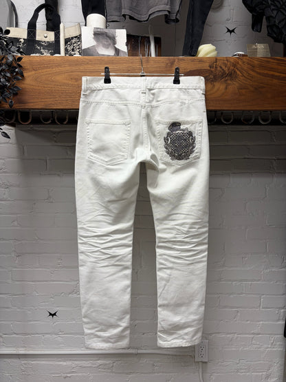 Roberto Cavalli Embroidered Silver ‘Crest Logo’ White Skinny Jeans