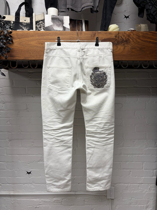 Roberto Cavalli Embroidered Silver ‘Crest Logo’ White Skinny Jeans