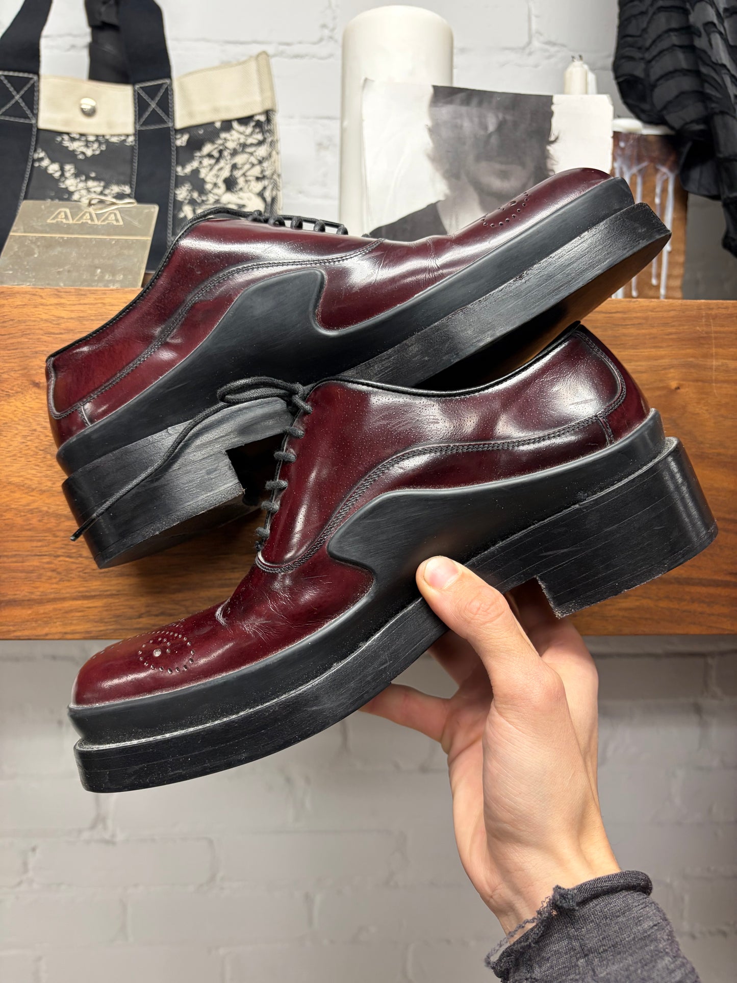 AW2015 Prada Brushed Red Leather Wingtip Oxford Derbys