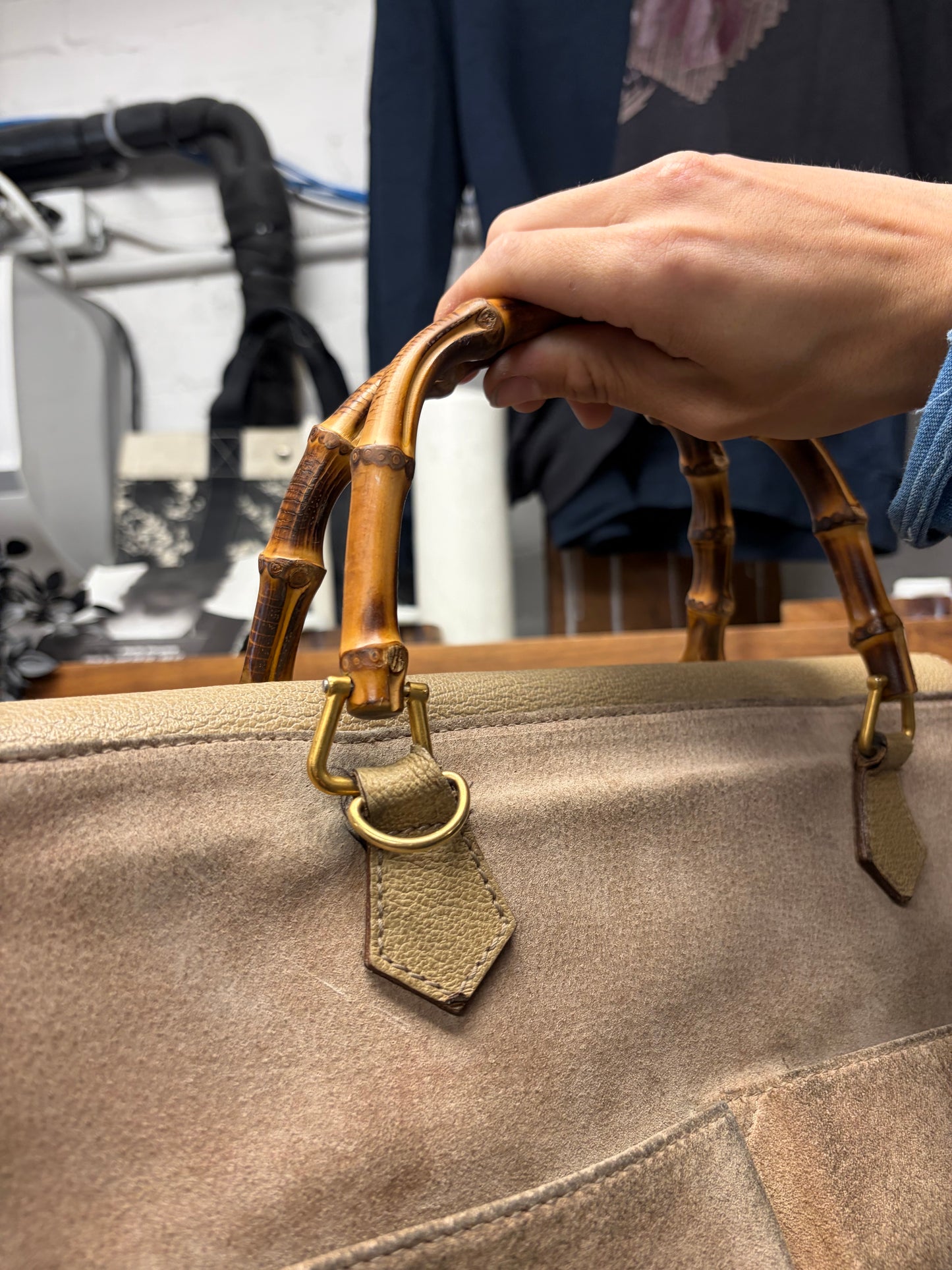 Gucci Bamboo Top Handle Brown Suede Work-Bag