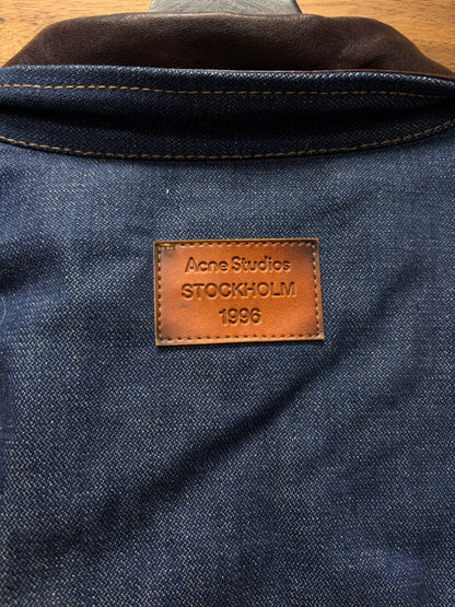 Acne Studios ‘Padded’ Plaid Lined Blue Denim Jacket with Leather Collar