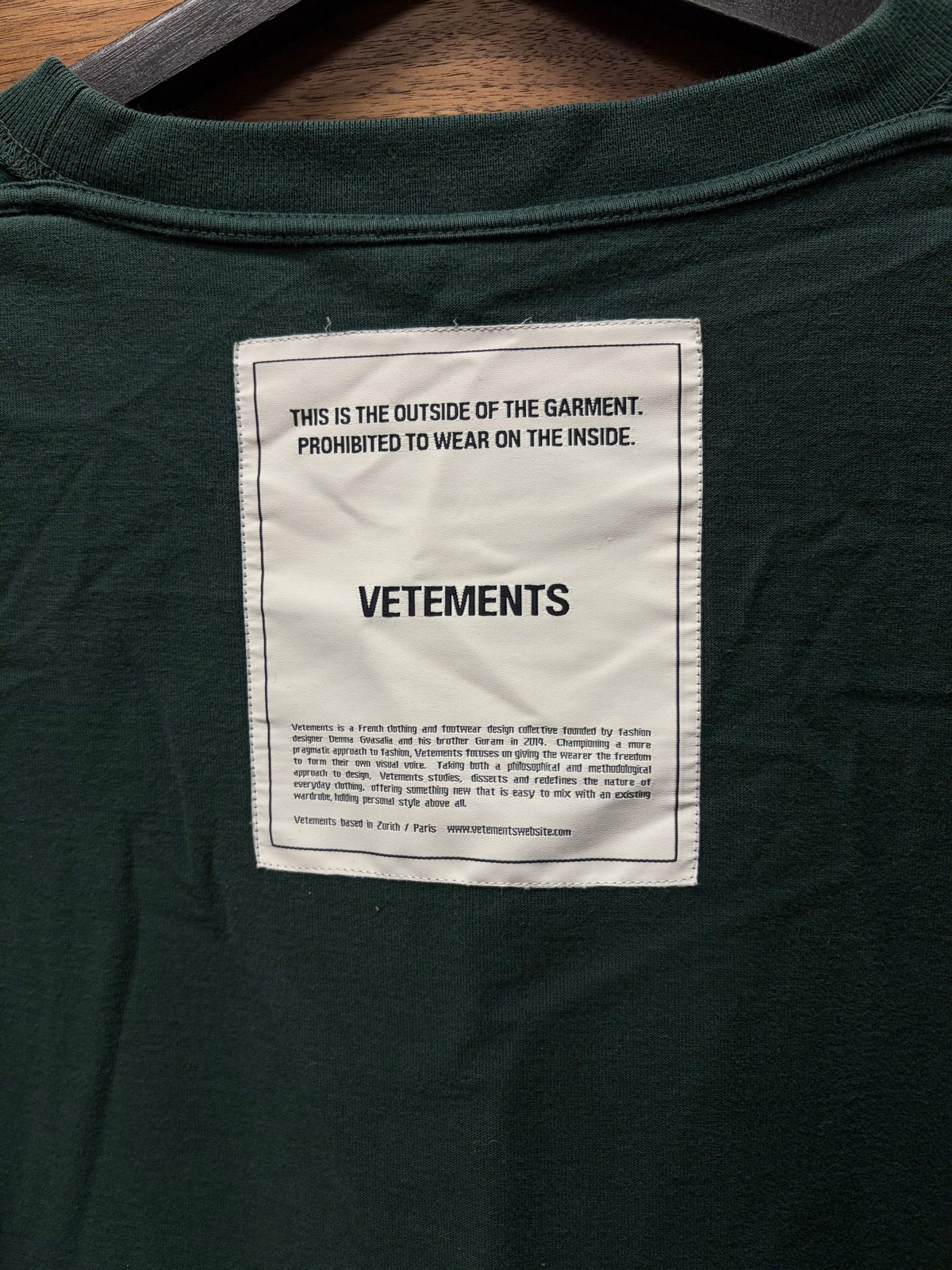 AW2019 Vetements ‘Care Label’ Inside Out Oversized Green T-Shirt