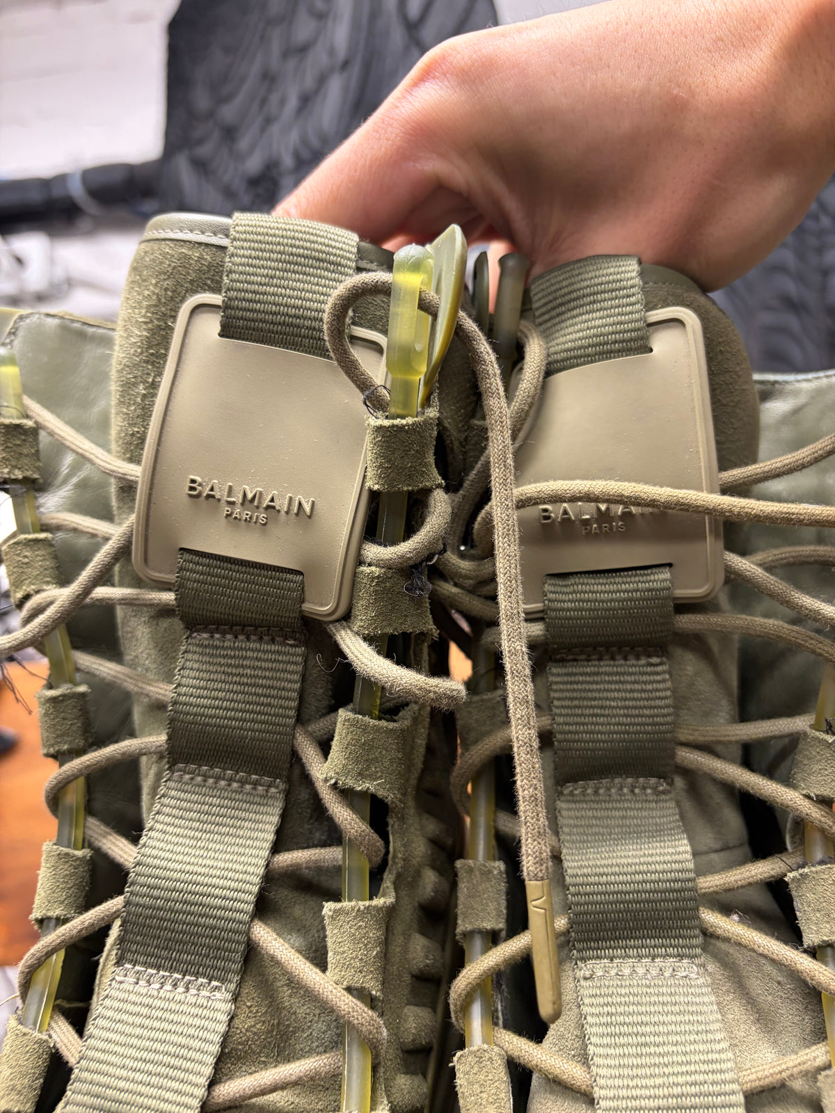 Balmain Khaki ‘B-Army’ Green Suede Combat High Top Sneaker/Boots