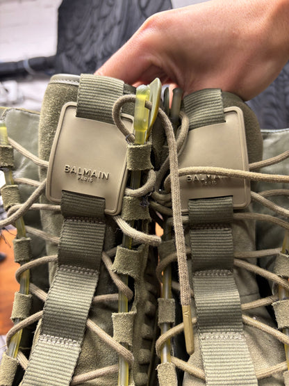 Balmain Khaki ‘B-Army’ Green Suede Combat High Top Sneaker/Boots