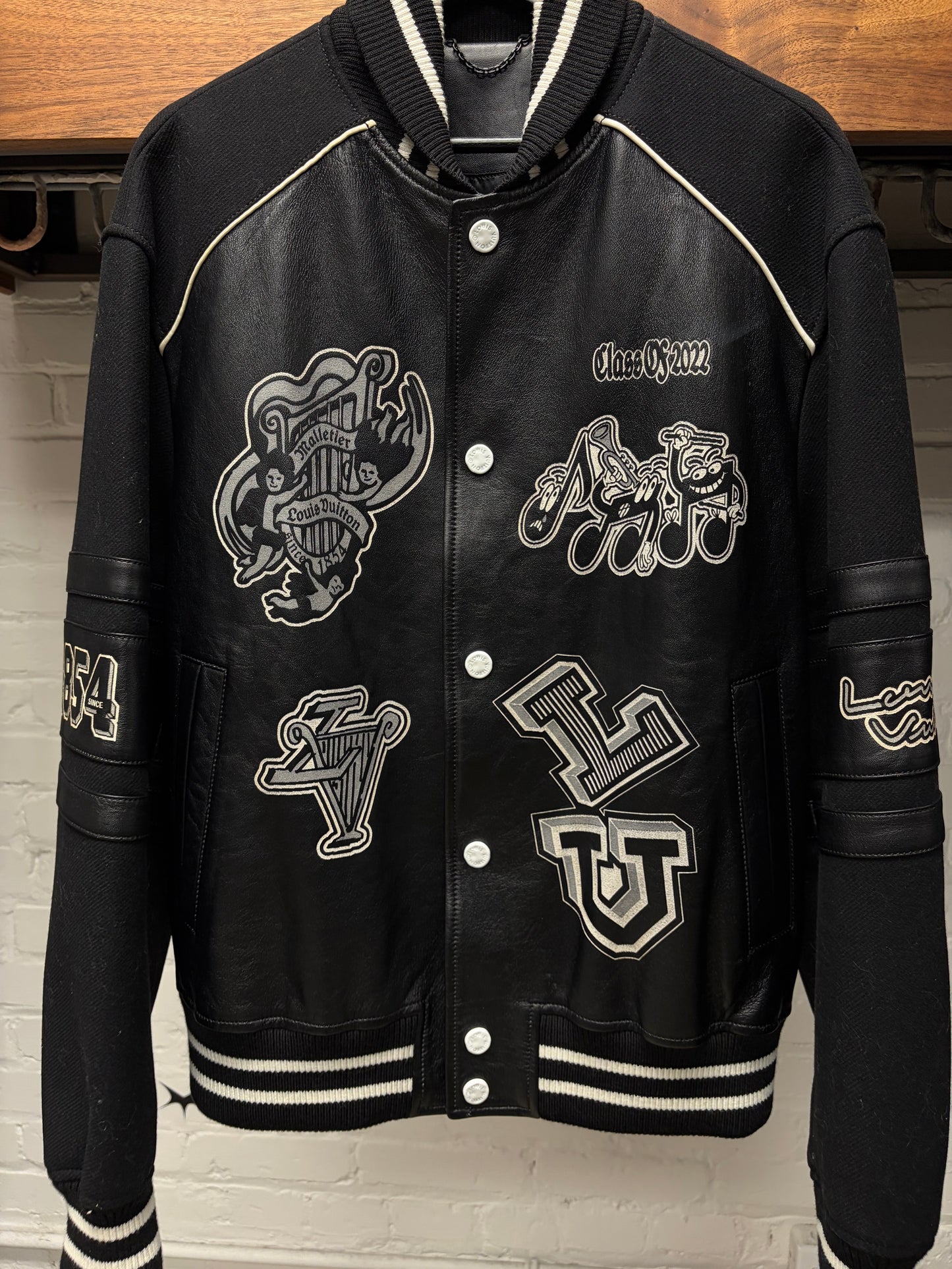 SS2023 Louis Vuitton by Virgil Abloh ‘Musicians’ Black Leather/Wool Varsity Jacket