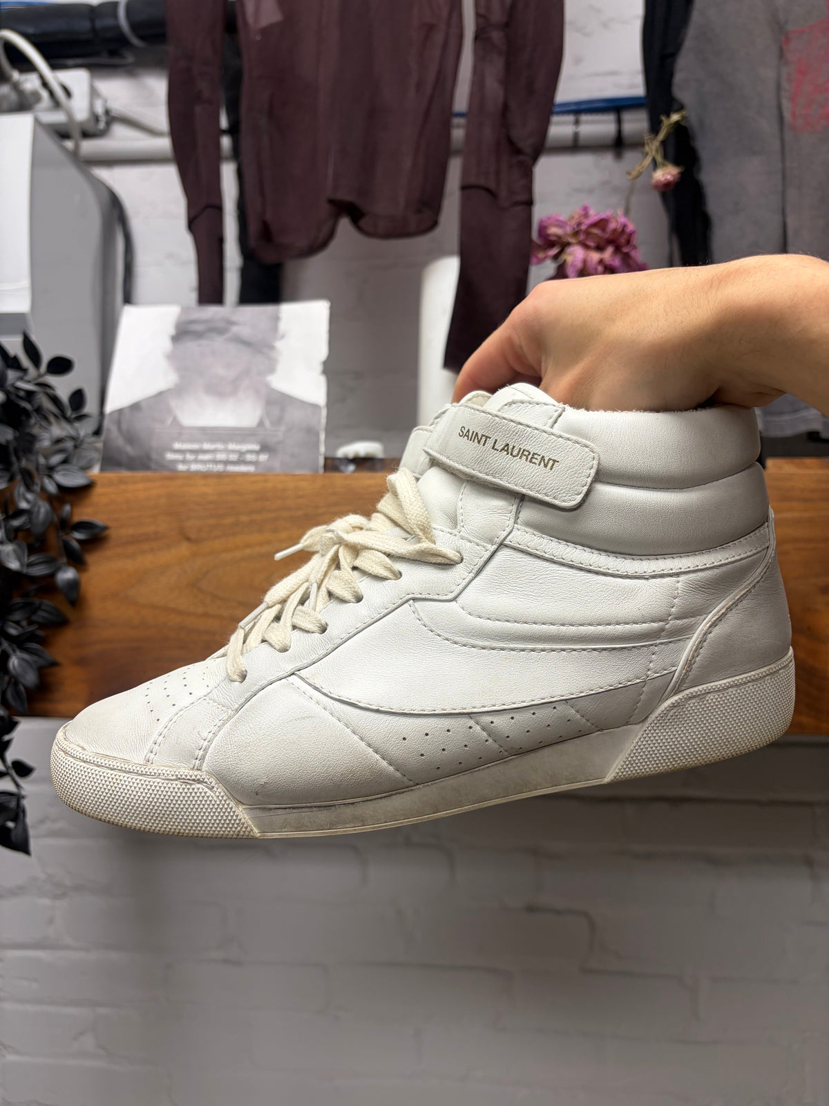 Saint Laurent ‘Lenny’ Optic White Leather Mid-Top Sneakers