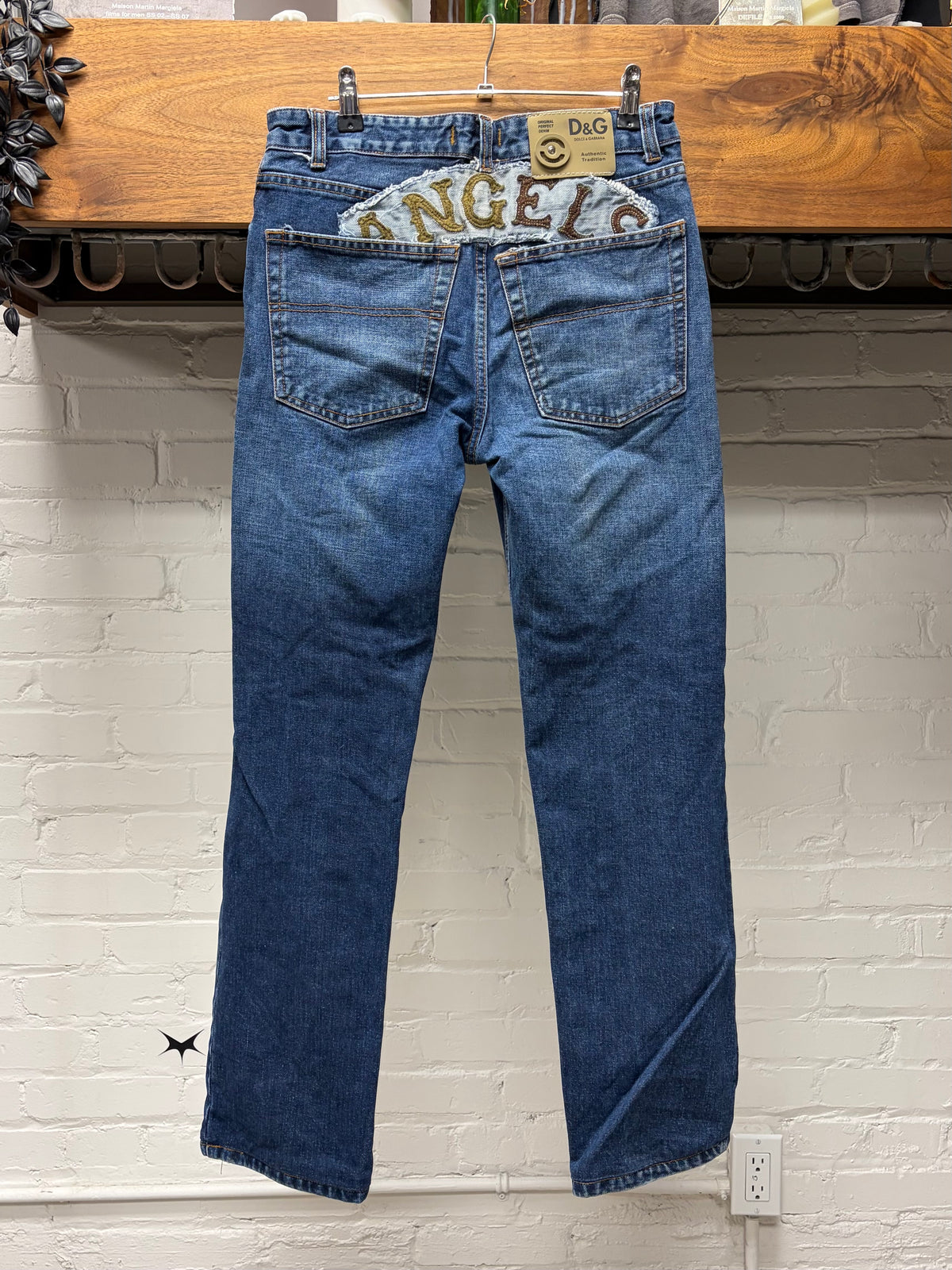 2000s Dolce & Gabbana ‘Angels’ Patch Embroidered Blue Bootcut Denim