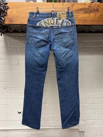 2000s Dolce & Gabbana ‘Angels’ Patch Embroidered Blue Bootcut Denim