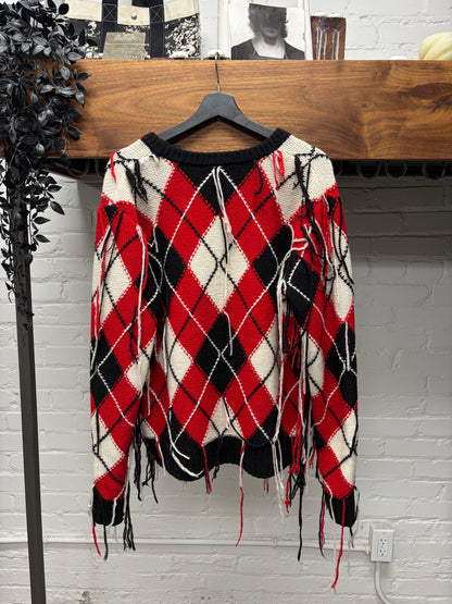 Charles Jeffery Loverboy ‘Guddle’ Argyle Knit Fringe Cardigan