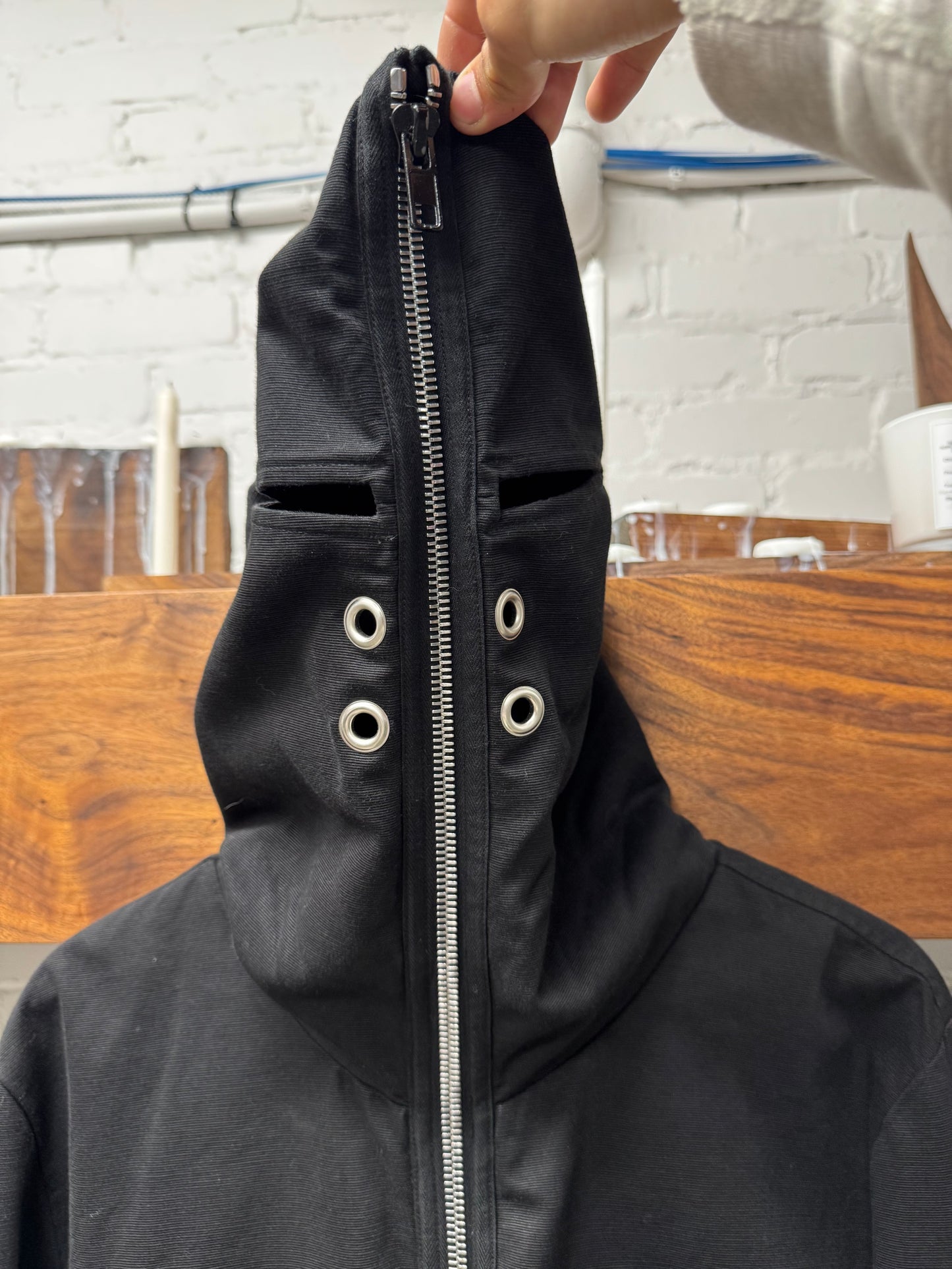 Rick Owens Canvas ‘Gimp’ Eye Cutout Full Zip Hoodie
