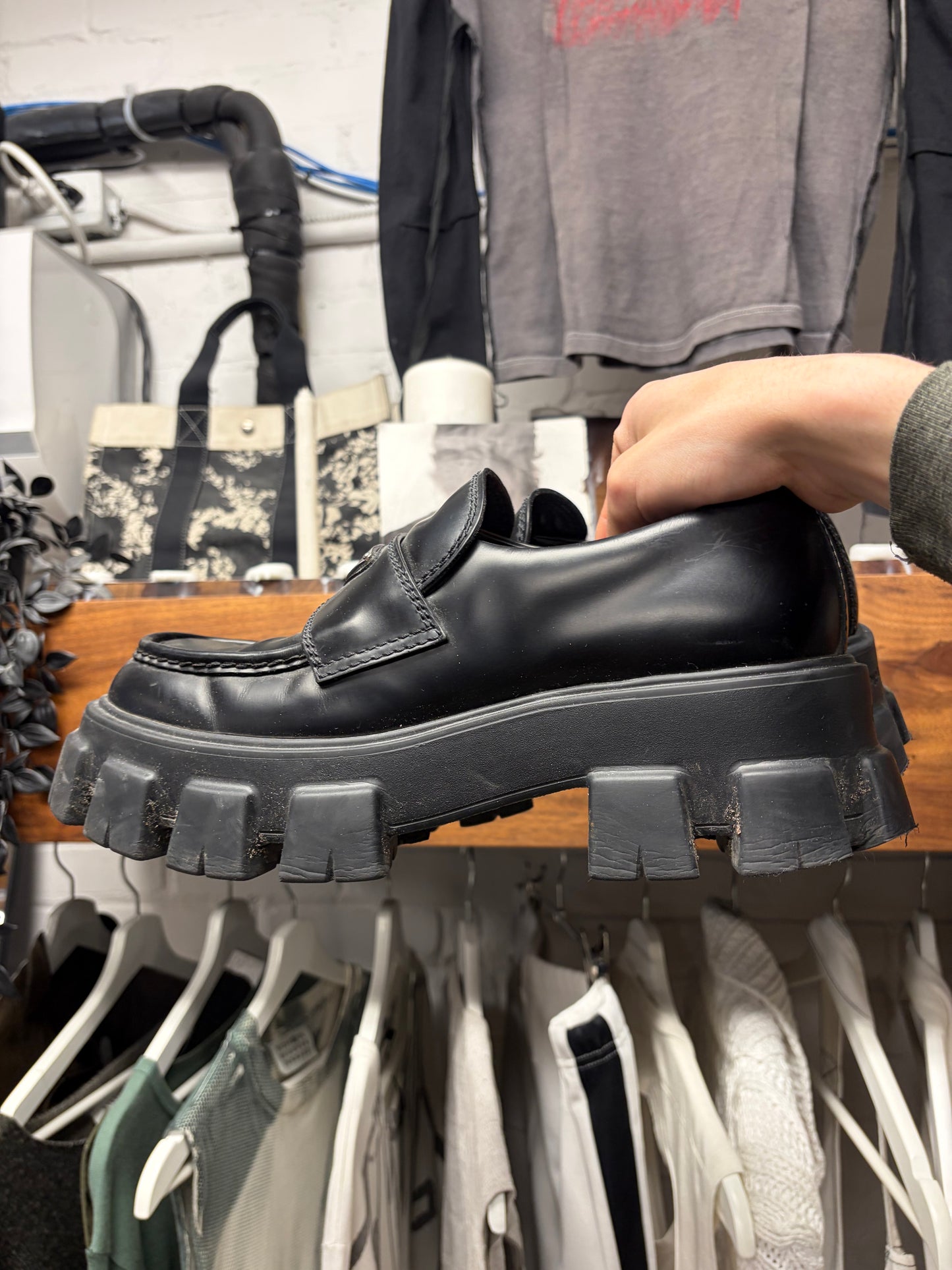 Prada ‘Monolith’ Black Tractor Sole Patent Leather Derbys