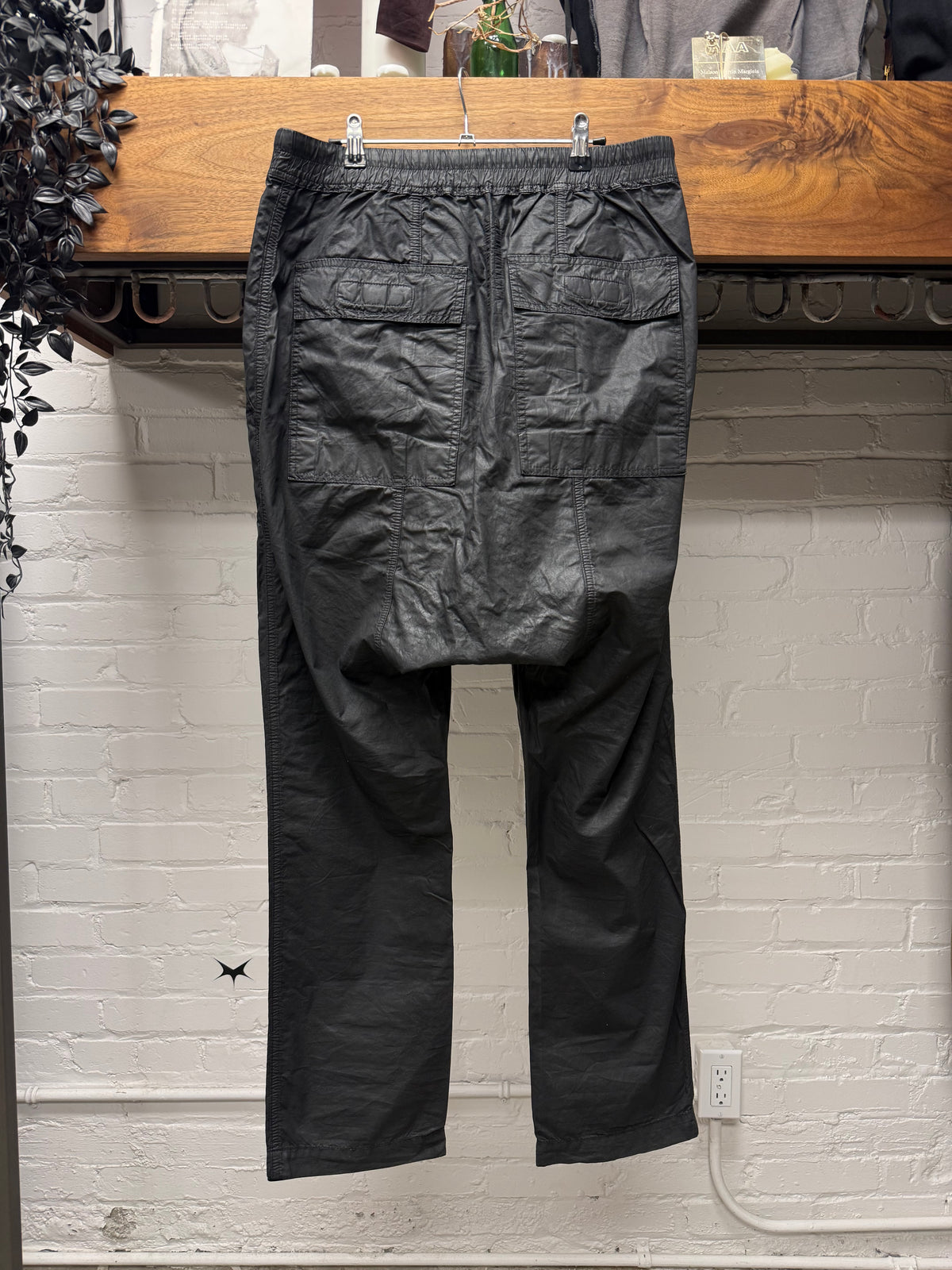 SS2015 Rick Owens ‘Faun’ Waxed Black Drop Crotch ‘Pod’ Drawstring Pants