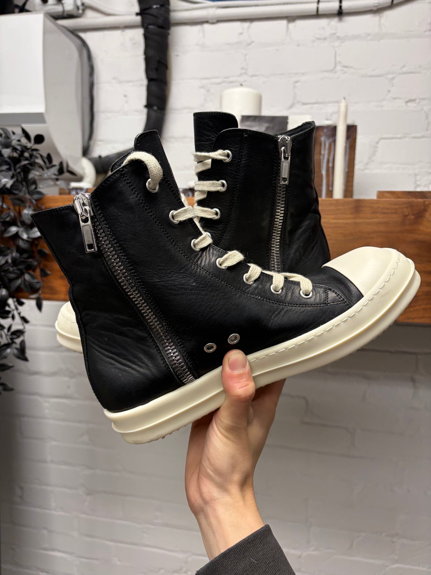 Rick Owens Mainline Black/Milk Leather ‘Ramones’ High Top Sneakers