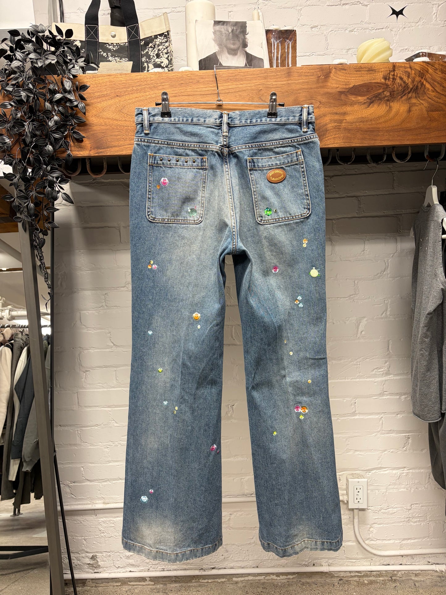 Acne Studios Embellished Blue Flared Leg Button Fly Denim