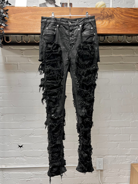 Rick Owens DRKSHDW ‘Detroit Cut’ Waxed Black Slashed Distressed Denim