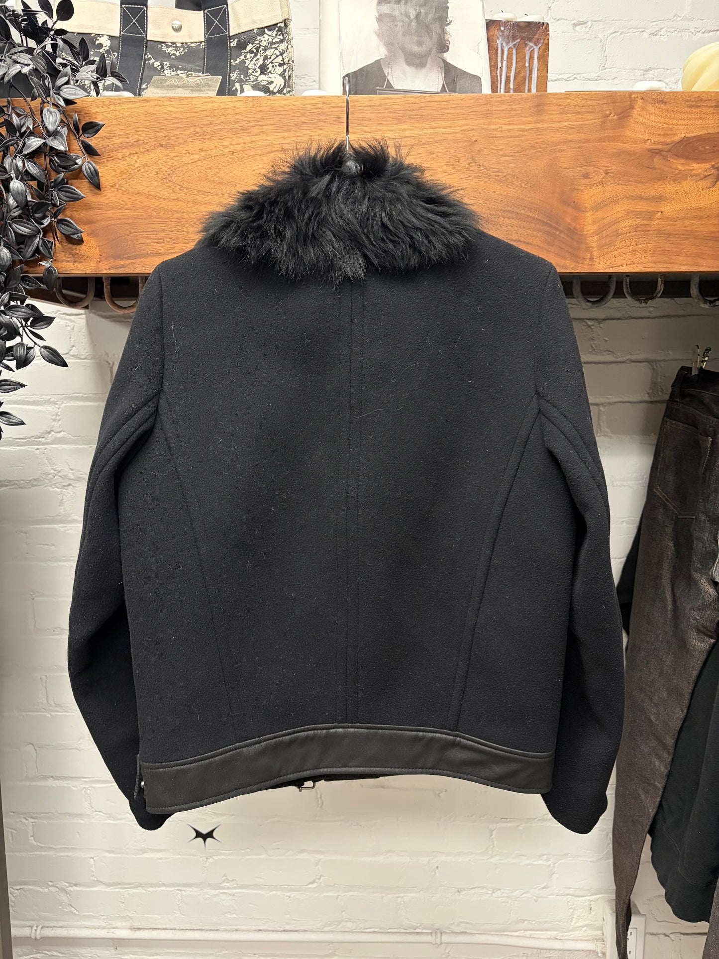 Helmut Lang Suede/Leather Biker Jacket with Faux Fur Trim