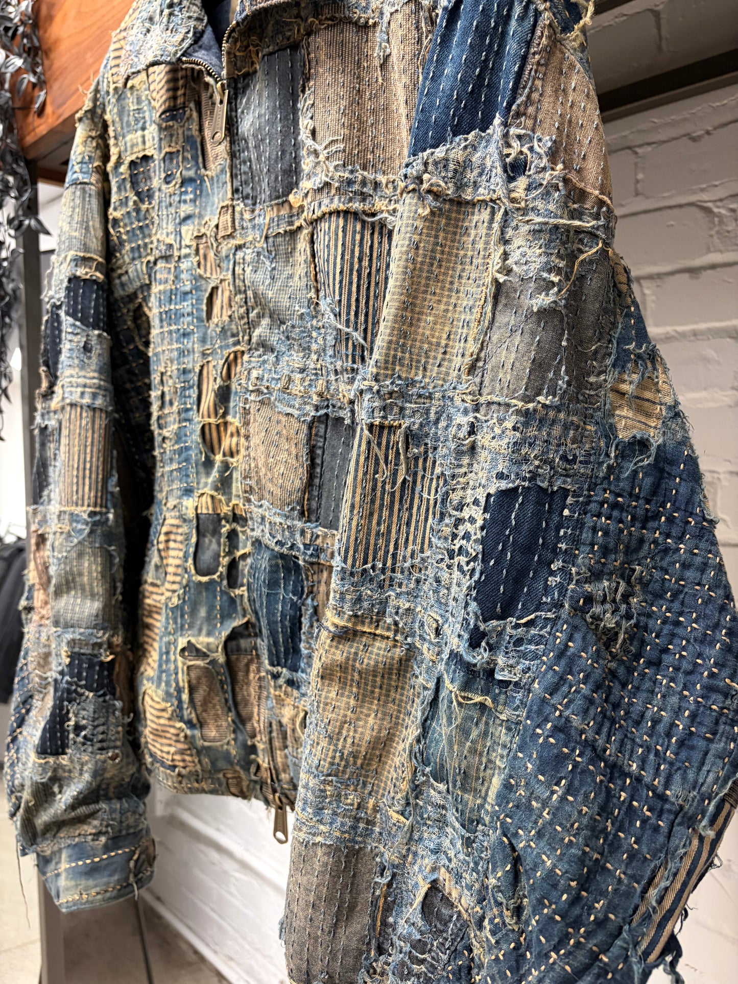 Kaptial ‘Boro’ Repaired Blue Zip-Up Buckle Back Denim Jacket