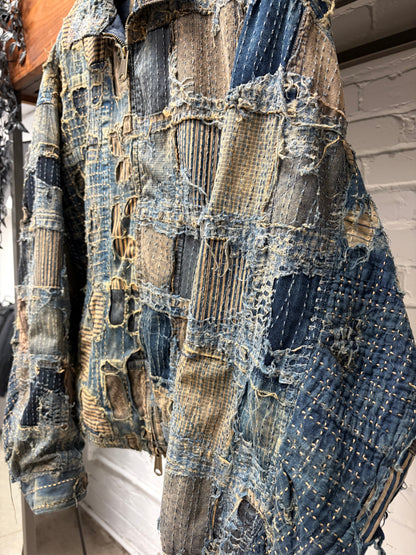 Kaptial ‘Boro’ Repaired Blue Zip-Up Buckle Back Denim Jacket