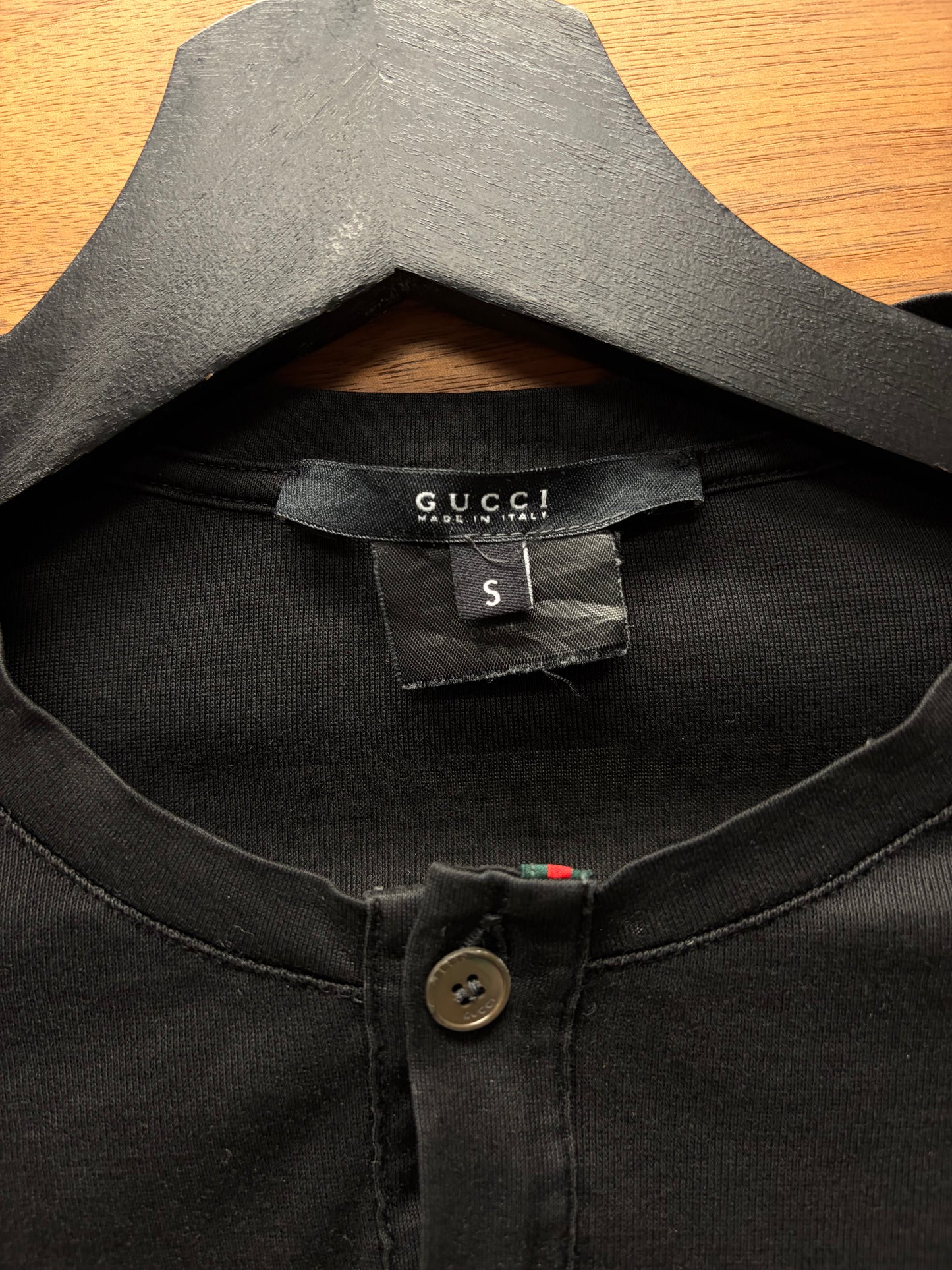 2000s Gucci Striped Collar ‘Henley’ Black Long Sleeve Shirt