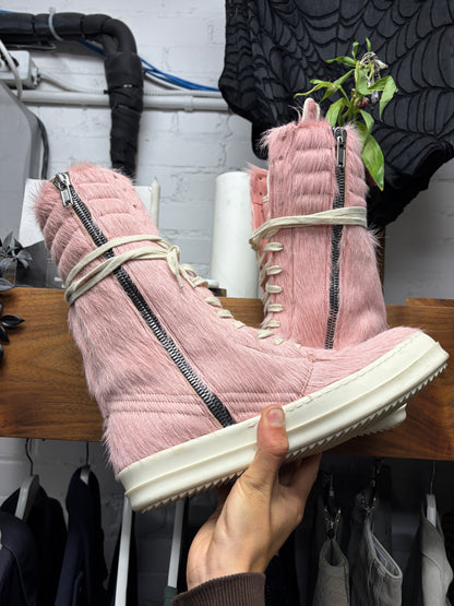 Rick Owens Pink Pony-Hair/Milk ‘Cargobasket’ High Top Sneakers