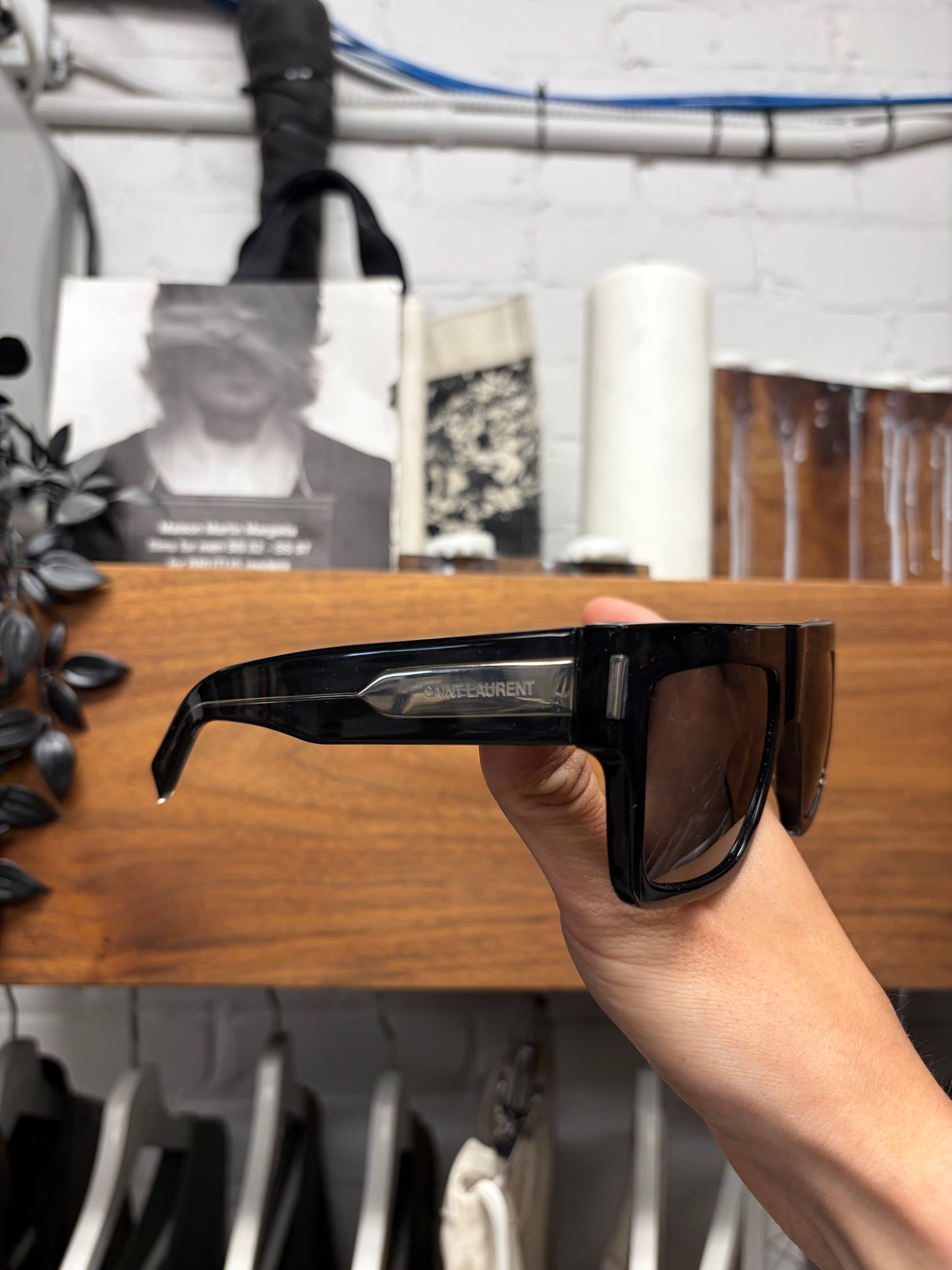 Saint Laurent Matte Black/Silver Box Shaped Black Tint Sunglasses