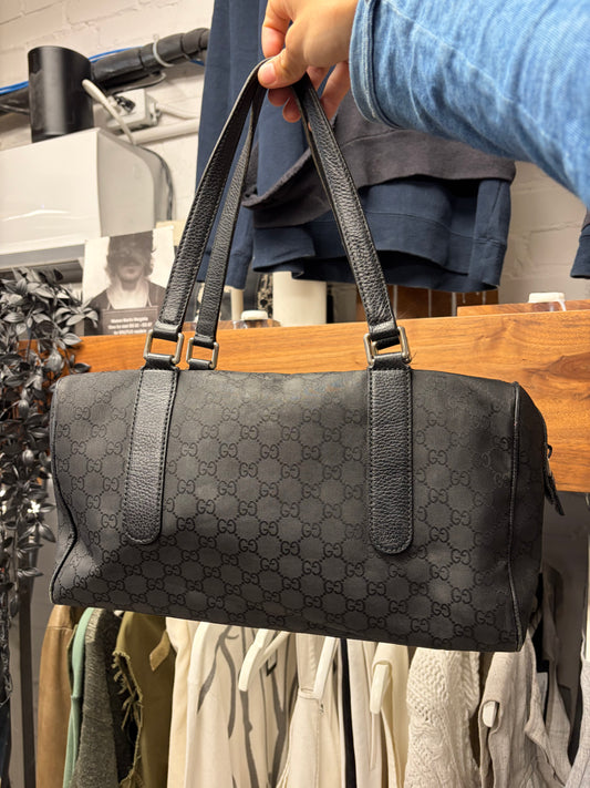 2000s Gucci ‘Guccisima’ Black Canvas Monogram Shoulder Bag with Pink Horsebit Interior