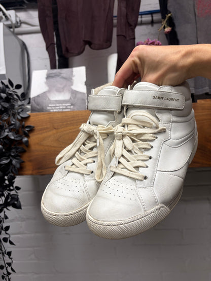 Saint Laurent ‘Lenny’ Optic White Leather Mid-Top Sneakers