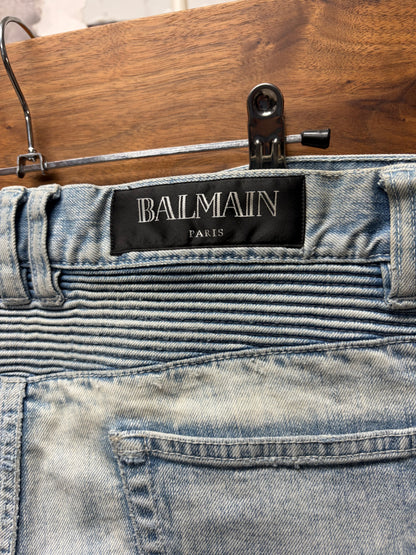 Balmain Light Wash Blue ‘Distressed Knee’ Biker Denim